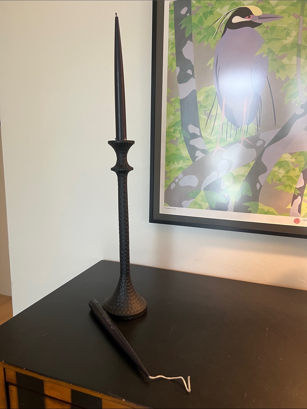 Black Decorative Hammered Candlestick 14” with 2 black Taper Candle -